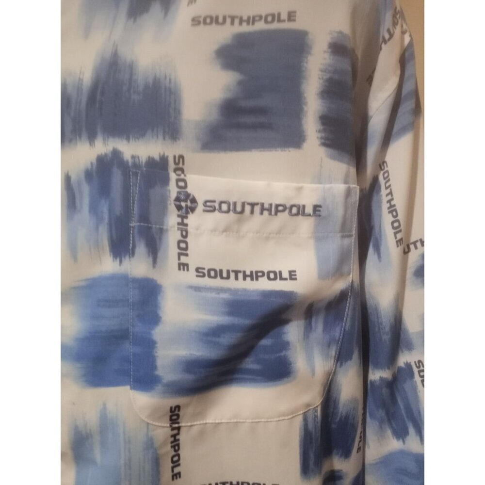 Vintage South Pole Shirt Button Up Polo Men's 2XL Blue All Over Print 90's Y2K - Picture 2 of 13